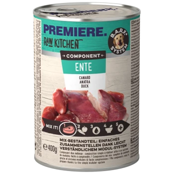 Dose mit Premiere Raw Kitchen Hundefutter, das Ente als Hauptzutat enthält, mit Anweisungen zum Mischen und einem modularen System für eine einfache Zubereitung.