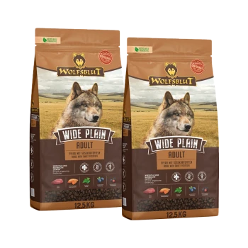 Deux sacs de 12,5 kg de nourriture pour chien Wolfsblut Wide Plain Adult avec cheval et patates douces, emballage recyclable.