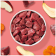 Schüssel mit Tierfutter mit einer texturierten Fleischmischung, beschriftet mit Zutaten: Muskel Fleisch, Äpfel, Birnen, Karotten und Leinöl.