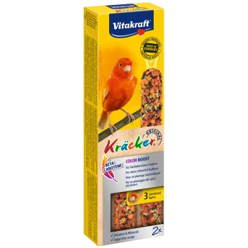 Boîte de friandises pour oiseaux Vitakraft Kräcker Color Boost mettant en vedette un canari orange, avec un texte mettant en avant les vitamines, minéraux et une recette sans sucre.