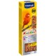 Vitakraft Kräcker Color Boost Vogelsnack-Box mit einem orangefarbenen Kanarienvogel, mit Text, der Vitamine, Mineralien und ein zuckerfreies Rezept hervorhebt.
