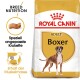 Royal Canin Adult Boxer Hundefuttertüte mit einer Boxer-Hund-Illustration, mit Text, der die Rassenernährung und maßgeschneiderte Kroketten hervorhebt.
