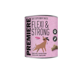 Blik Premiere Flexi & Strong zachte supplementensnacks voor honden, roze etiket met hondenillustratie en botvormige traktaties.