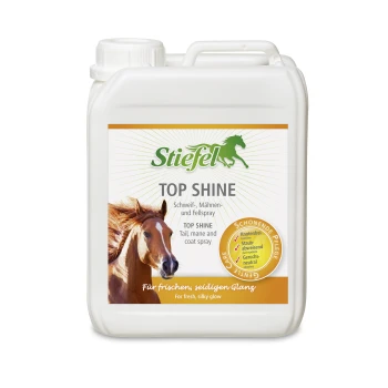 Stiefel Top Shine Sprayflasche für Schweif, Mähne und Fell, mit einem Pferdebild, mit Text in Deutsch und Englisch, der sagt: 'Für frischen, seidigen Glanz.'