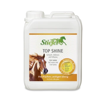 Stiefel Top Shine Sprayflasche für Schweif, Mähne und Fell, mit einem Pferdebild, mit Text in Deutsch und Englisch, der sagt: 'Für frischen, seidigen Glanz.'