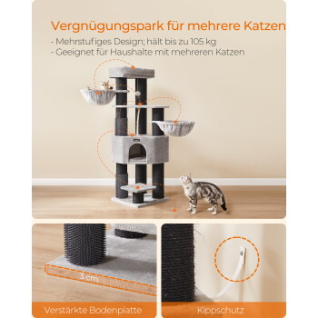 Grauer Kratzbaum mit Hängematten und Höhle, zwei Katzen; sichtbarer deutscher Text: ‚Vergnügungspark für mehrere Katzen‘, ‚Kippschutz‘.