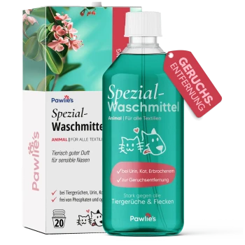 Flasche von Pawlie's Spezial-Waschmittel für Haustiere, mit einem türkisfarbenen Etikett, das über Geruchsentfernung und Fleckenbekämpfung informiert, neben einer Box.