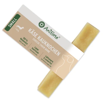 Kleiner Käse-Kauspielzeugknochen für Hunde unter 10 kg; langlebig, allergiefreundlich und unterstützt die Zahnpflege.