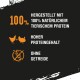 Bild zur Förderung von Haustierfutter, mit dem Text: '100% hergestellt mit 100% natürlichem tierischem Protein, hoher Proteingehalt, ohne Getreide.'