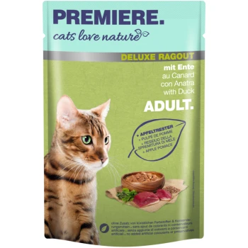 cats love nature Deluxe Ragout Ente 24x100 g Eine Bengal-Katze neben einer Schüssel "Premiere. Cats Love Nature Deluxe Ragout mit Ente" Nassfutter für Erwachsene.