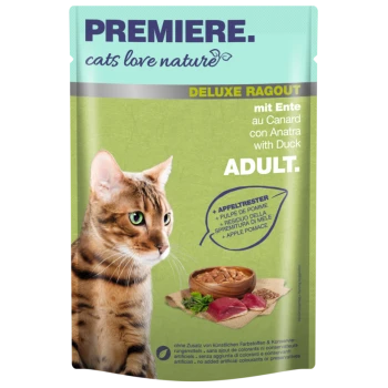 Eine Bengal-Katze neben einer Schüssel "Premiere. Cats Love Nature Deluxe Ragout mit Ente" Nassfutter für Erwachsene.