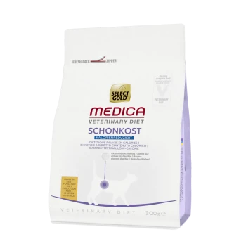 Sac de régime vétérinaire Select Gold Medica, 300 g, étiqueté "Schonkost" avec "calorienreduziert" indiquant une faible teneur en calories pour les animaux de compagnie.
