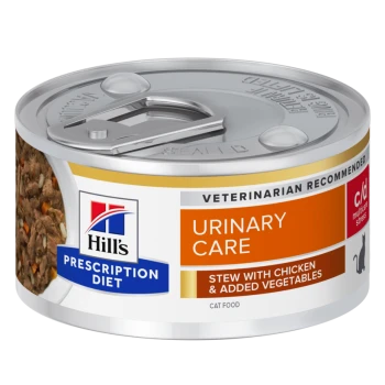 Boîte de nourriture pour chats Hill's Prescription Diet Urinary Care, présentant un ragoût avec du poulet et des légumes ajoutés, étiquetée "Recommandé par les vétérinaires."