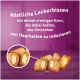 Goldene, knusprige Katzensnacks mit cremiger Füllung vor lila Hintergrund; deutscher Text über die Reduzierung von Haarballen.
