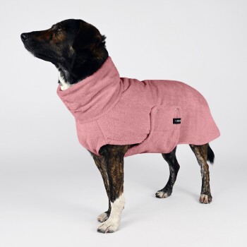 Ein stilvoller Hund trägt einen weichen rosa Fleece-Mantel und schaut nach oben vor einem hellrosa Hintergrund.
