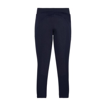 Marineblaue Sportleggings mit hohem Bund und perforiertem Design auf der Rückseite für Atmungsaktivität.