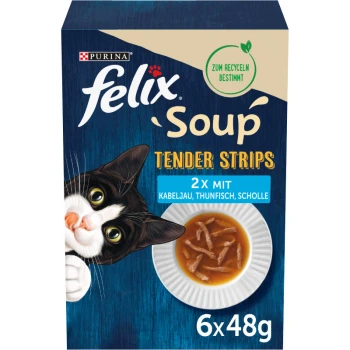 Soup Tender Strips Zupa 6 x 48 g Dorsz, tuńczyk, gładzica Opakowanie Felix Soup Tender Strips dla kotów, z czarno-białym kotem wyglądającym z boku, z miseczką z zupą.
