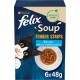 Opakowanie Felix Soup Tender Strips dla kotów, z czarno-białym kotem wyglądającym z boku, z miseczką z zupą.
