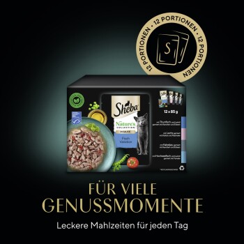 Sheba Nature's Collection Fisch Katzenfutterpackung mit Nassfutter, Fischstücken, Tomaten und Erbsen. Text: "Für viele Genussmomente."