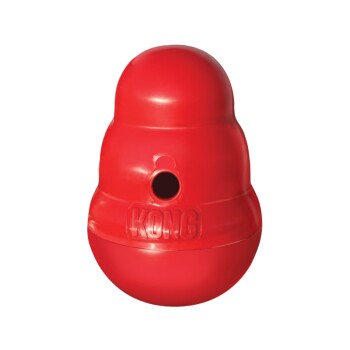 Rode KONG-wobbel met uitgiftegat en het in reliëf aangebrachte 'KONG'-logo op een witte achtergrond