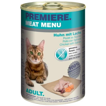 Eine Dose PREMIERE Meat Menu Katzenfutter mit einer Bengalkatze. Etikett: "Huhn mit Lachs", getreidefrei, 100% frisches Fleisch.