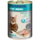 Een blik PREMIERE Vleesmenu kattenvoer met een Bengaalse kat. Etiket: 'Huhn mit Lachs' (Kip met Zalm), graanvrij, 100% vers vlees.