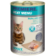 Une boîte de nourriture pour chats PREMIERE Meat Menu avec un chat Bengal. Étiquette : "Huhn mit Lachs" (Poulet avec Saumon), sans céréales, 100 % viande fraîche.