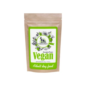 Veganes Hundefutter für Erwachsene in einer 500g Kraftpapier-Tüte mit grünen Akzenten, mit einer Hundillustration und dem Text 'Getreidefreies Rezept.'