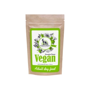 Veganes Hundefutter für Erwachsene in einer 500g Kraftpapier-Tüte mit grünen Akzenten, mit einer Hundillustration und dem Text 'Getreidefreies Rezept.'