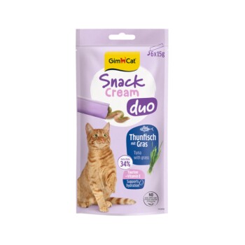 Violette GimCat 'Snack Cream duo'-Tüte mit Abbildung einer orange getigerten Katze, 'Thunfisch mit Gras', 6x15g.