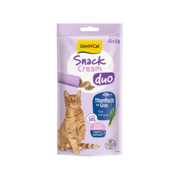 Violette GimCat 'Snack Cream duo'-Tüte mit Abbildung einer orange getigerten Katze, 'Thunfisch mit Gras', 6x15g.