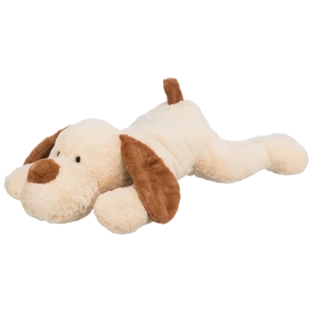 Plüsch-Hundespielzeug, das flach liegt, mit einem cremefarbenen Körper und braunen Ohren und einem Schwanz, ideal für das Spiel mit Haustieren.