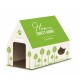 Maison pour chats en carton vert et blanc avec le texte "Home Sweet Home" et "Cat's Best" sur le toit, présentant des motifs de feuilles.