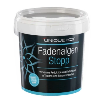 Behälter von Unique Koi Fadenalgen Stopp, ein Produkt zur Reduzierung von fadenförmigen Algen in Teichen, mit einem schwarz-blauen Design.