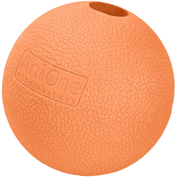 Balle en caoutchouc texturé orange avec un trou, présentant le logo en relief "AniOne wild variety."