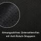 Nahaufnahme von schwarzem atmungsaktivem Stoff mit Anti-Rutsch-Punkten, beschriftet auf Deutsch als „Atmungsaktives Unterseitenvlies mit Anti-Rutsch-Stoppern“.