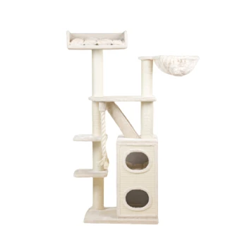 Beige Katzenbaum mit mehreren Ebenen, einer gemütlichen Hängematte, Kratzpfosten und zwei runden Öffnungen zum Spielen und Ausruhen.