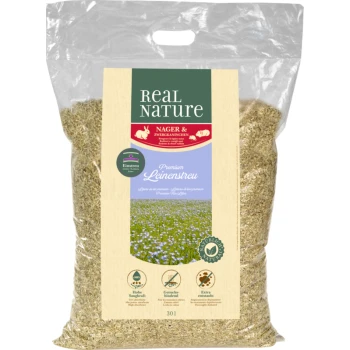 Sac transparent de literie en lin Premium Real Nature pour petits animaux, présentant un design floral bleu et mettant en avant l'absorption et le contrôle des odeurs.