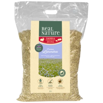 Sac transparent de literie en lin Premium Real Nature pour petits animaux, présentant un design floral bleu et mettant en avant l'absorption et le contrôle des odeurs.