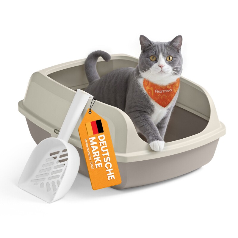 FEANDREA Katzenklo mit hohen Seitenwänden, XL offene Katzentoilette, mit Schaufel beige
