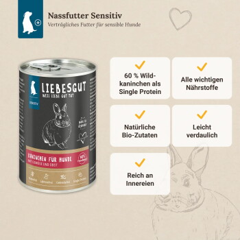 Dose LIEBESGUT Nassfutter Sensitiv ‚Kaninchen für Hunde‘ — Angaben: 60% Wildkaninchen, Natürliche Bio‑Zutaten, Leicht verdaulich.