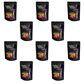 Opakowanie premium karmy dla kotów Dolina Noteci z wieloma saszetkami oznaczonymi 'Danie z Kaczki' z sylwetką kota.