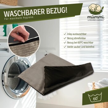 Waschbarer Haustierbettbezug von Mümmli, abnehmbar und bei 60°C waschbar für Hygiene, mit austauschbarem Inlay und antimikrobiellen Eigenschaften.