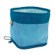 Helle blaue zusammenklappbare Futter- oder Wasserschüssel für Haustiere mit einem sechseckigen Muster und einem türkisfarbenen Rand, mit einem Clip zur einfachen Befestigung.