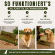 "SO FUNKTIONIERT'S – IN 3 SCHRITTEN ZUM TRAININGSERFOLG" Plakat: drei Panels zeigen einen gefüllten Leckerlidummy, einen Hund, der ihn holt, und den Besitzer, der den Hund belohnt