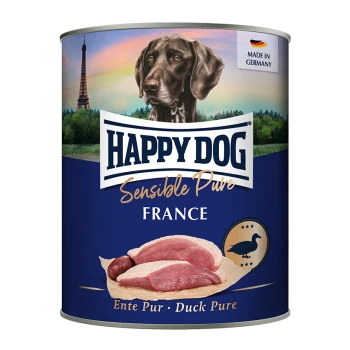 Dose mit Happy Dog Sensible Pure Hundefutter, die einen braunen Hund zeigt, mit Bildern von Entenfleisch und dem Eiffelturm im Hintergrund.