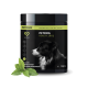 Schwarzer Behälter von Peticare Petdog Health 2603, ein Vitalmix-Pulver für ältere Hunde, mit einem Profilbild eines Hundes und grünen Blättern.