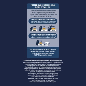 Katzenfutter-Fütterungsempfehlung (DE/FR) 'Fütterungsempfehlung / Mode d'emploi', 3 kg = 40 g, 4 kg = 55 g, 5 kg = 70 g; Trocken+Nass 4 kg = 40 g + 85 g.