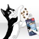 Eine verspielte schwarz-weiße Katze greift nach verstreuten Leckerlis aus einer blauen Felix Knabber Mix-Packung, beschriftet mit "2 kcal."