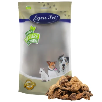 Verpackung von Lyra Pet Hundeleckerlis mit dem Text "100% natürlich" und "Lyra Nature Power", mit Bildern von drei Hunden und einem Haufen Leckerlis davor.